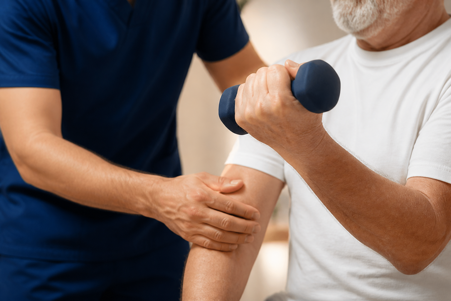 A physiotherapist guiding a client through a dumbbell exercise at Instant Physio